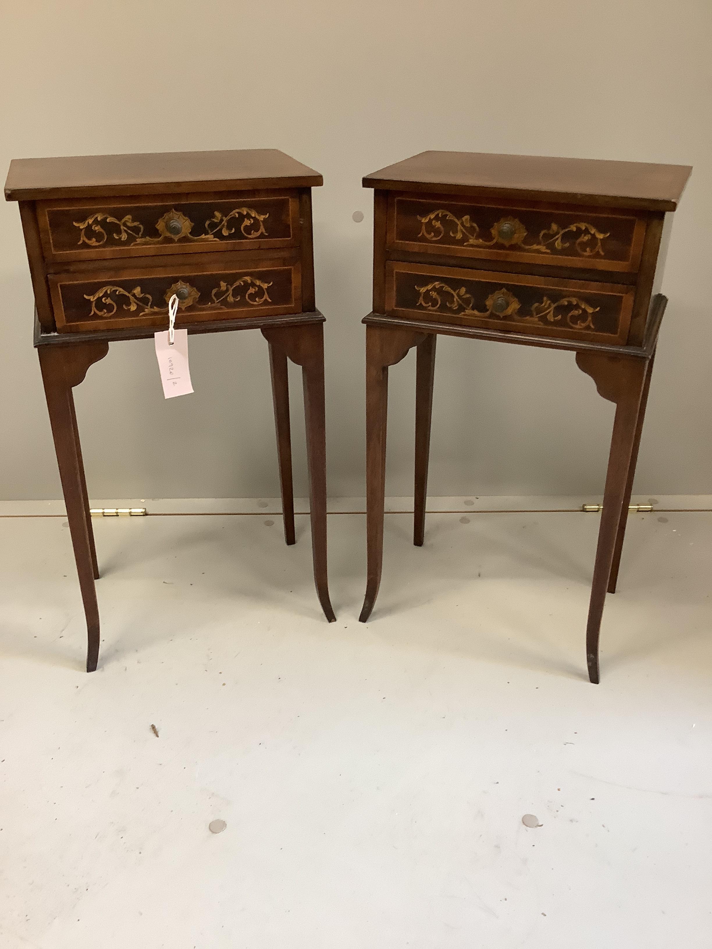 A pair of small marquetry inlaid mahogany two drawer bedside tables, width 30cm, depth 20cm, height 56cm